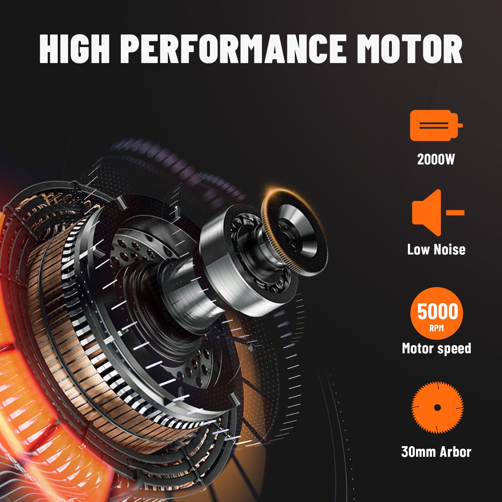 High performance motor with specifications on a dark background