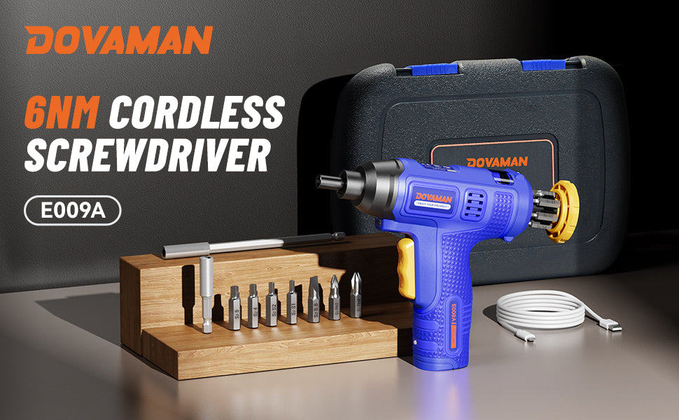 Dovaman cordless screwdriver set with drill, bits, and carrying case on a dark background