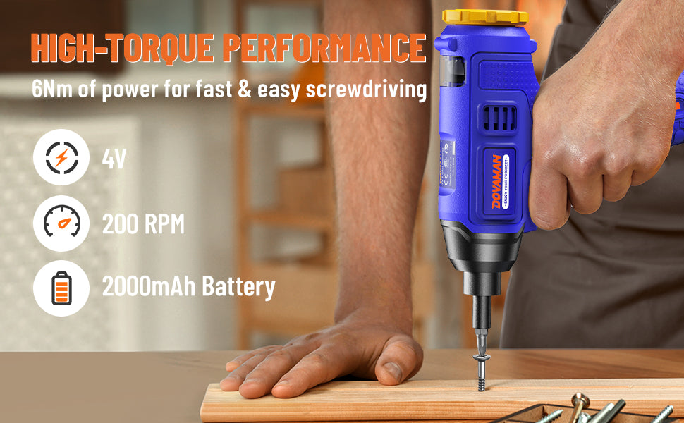 Blue cordless drill being used on a wooden surface with text highlighting its features.