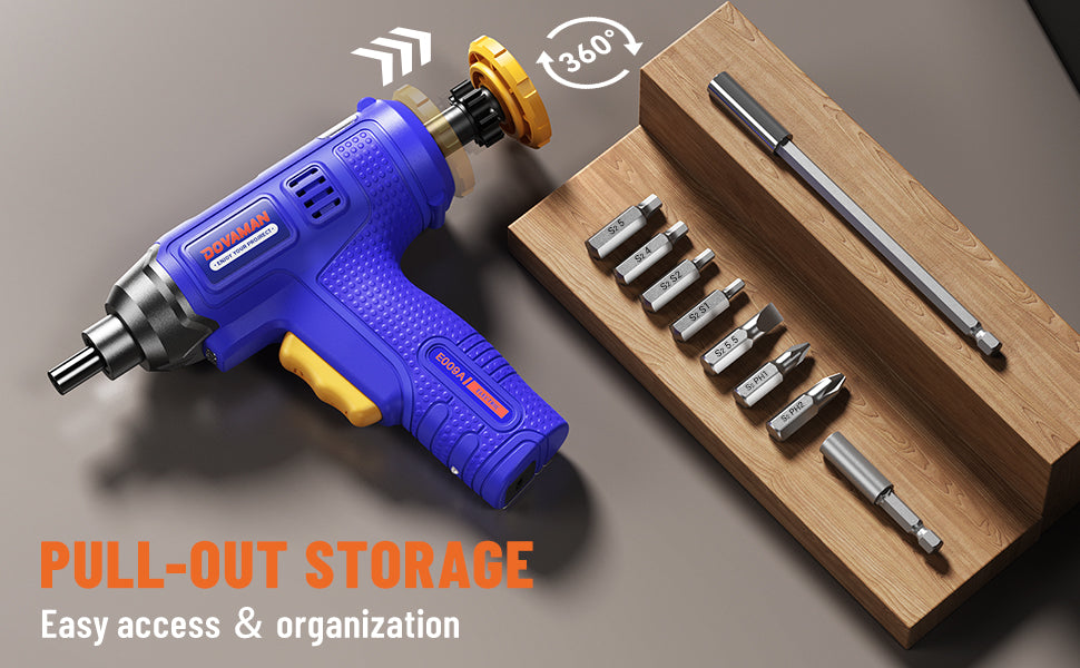 Blue power drill with pull-out storage tray containing drill bits on a gray background