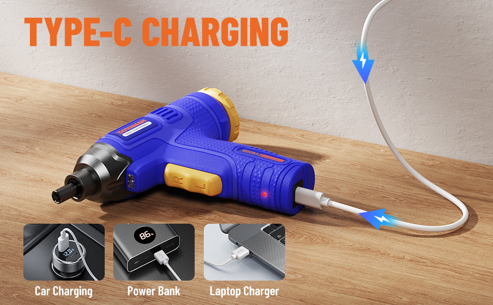 Blue and gold power tool with Type-C charging cable on a wooden surface