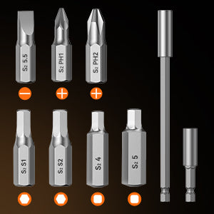 Set of various screwdriver bits with labeled sizes on a black background