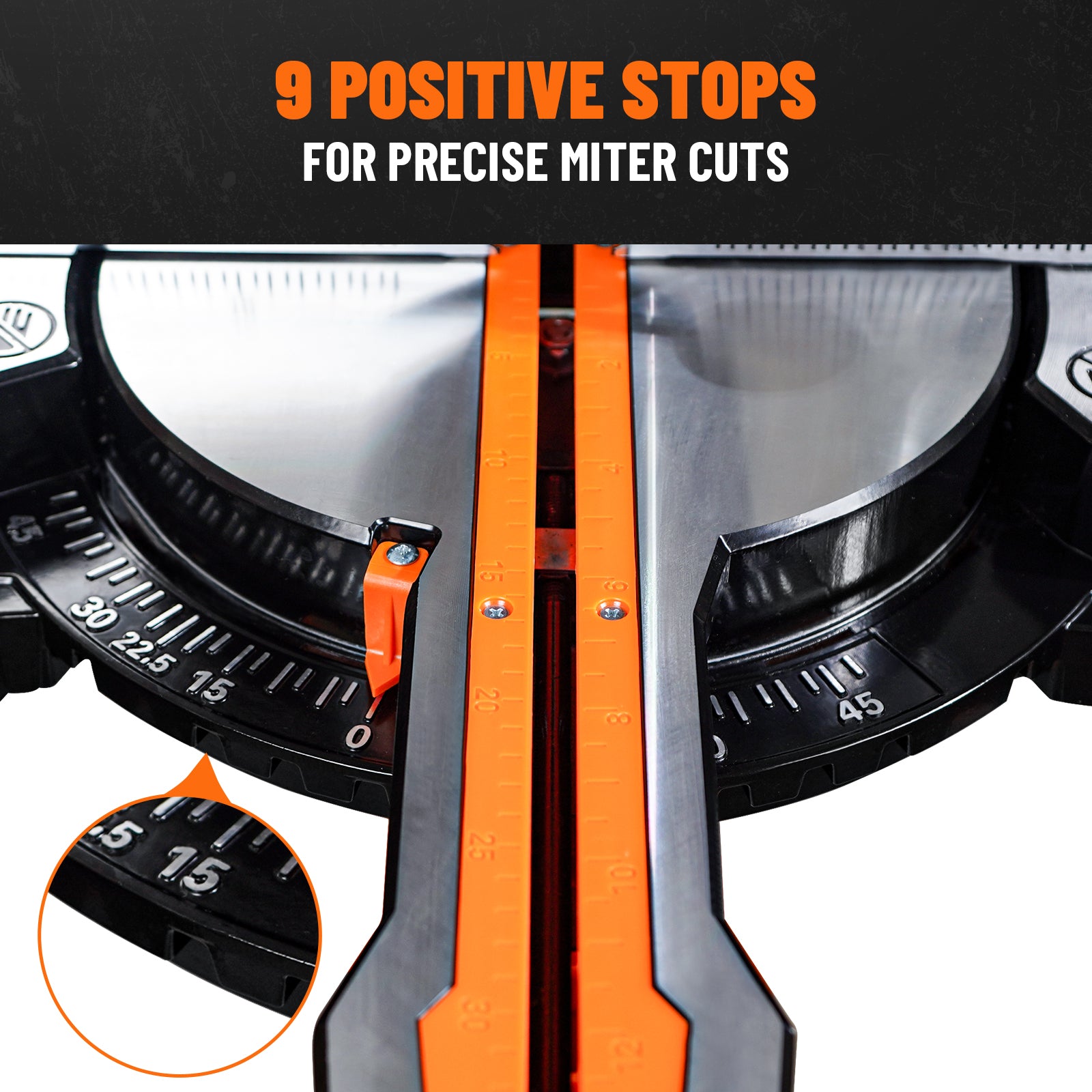 Close-up of the miter scale featuring 9 positive stops for quick and precise angle adjustments