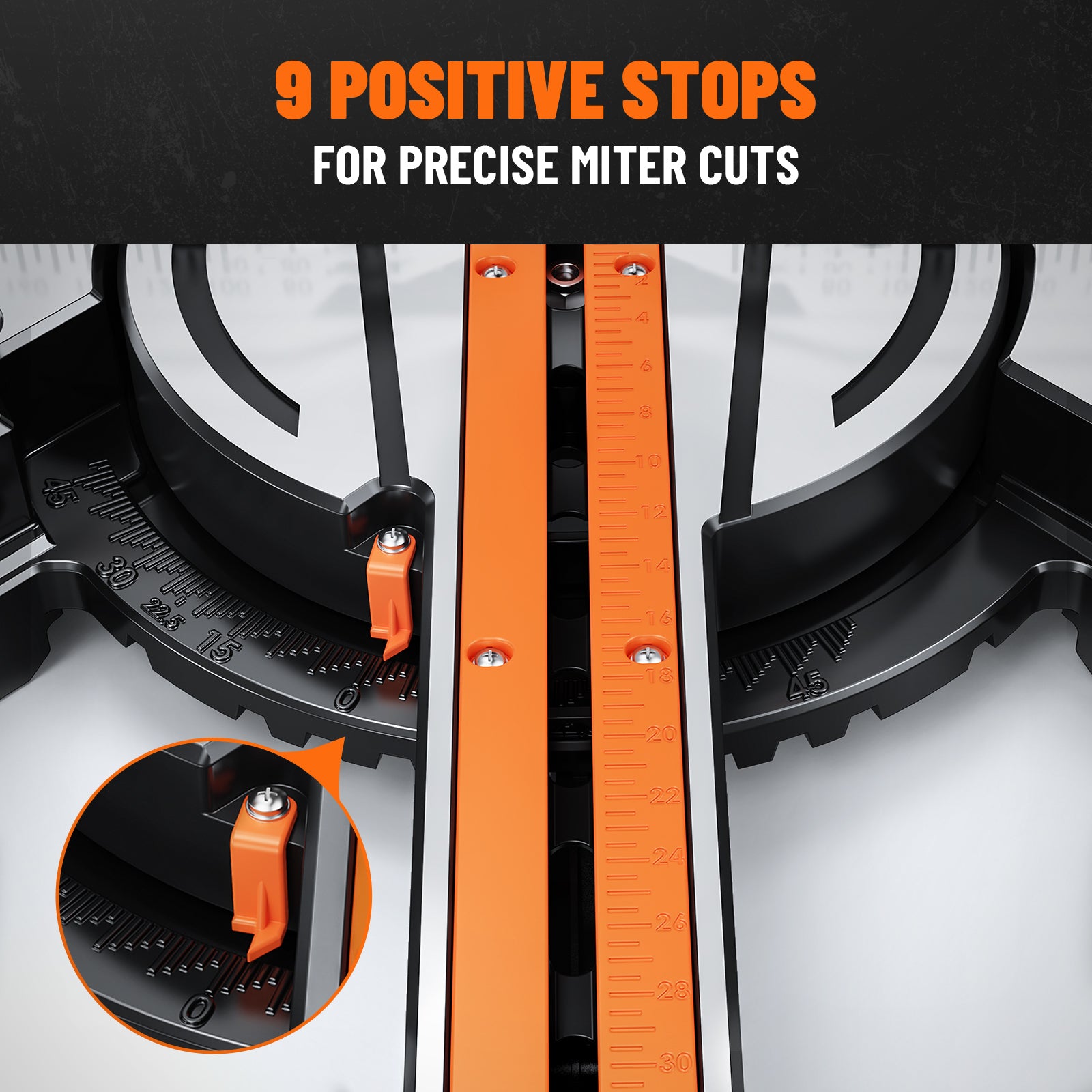Close-up of a dual bevel sliding miter saw with an orange ruler and text about positive stops for precise cuts.
