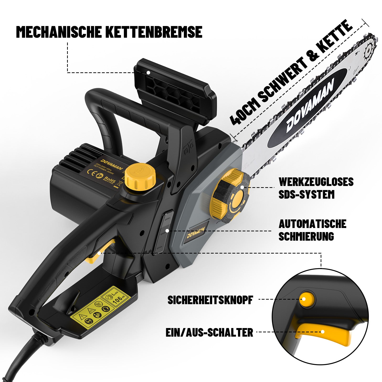 DOVAMAN 2400W Elektro Kettensäge, 40cm Oregon Schwert und Kette, werkzeuglose