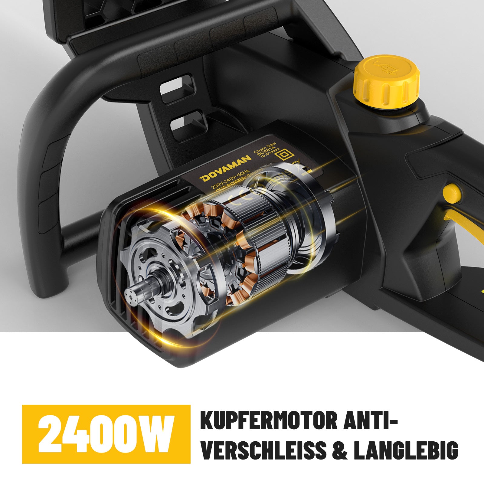DOVAMAN 2400W Elektro Kettensäge, 40cm Oregon Schwert und Kette, werkzeuglose