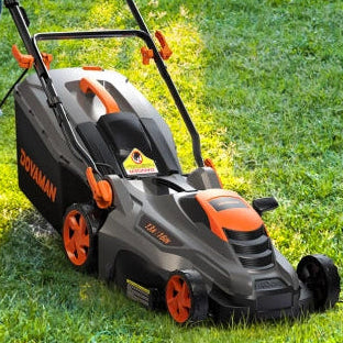 Person using a DOVAMAN LA16M 16-INCH lawn mower on a grassy area