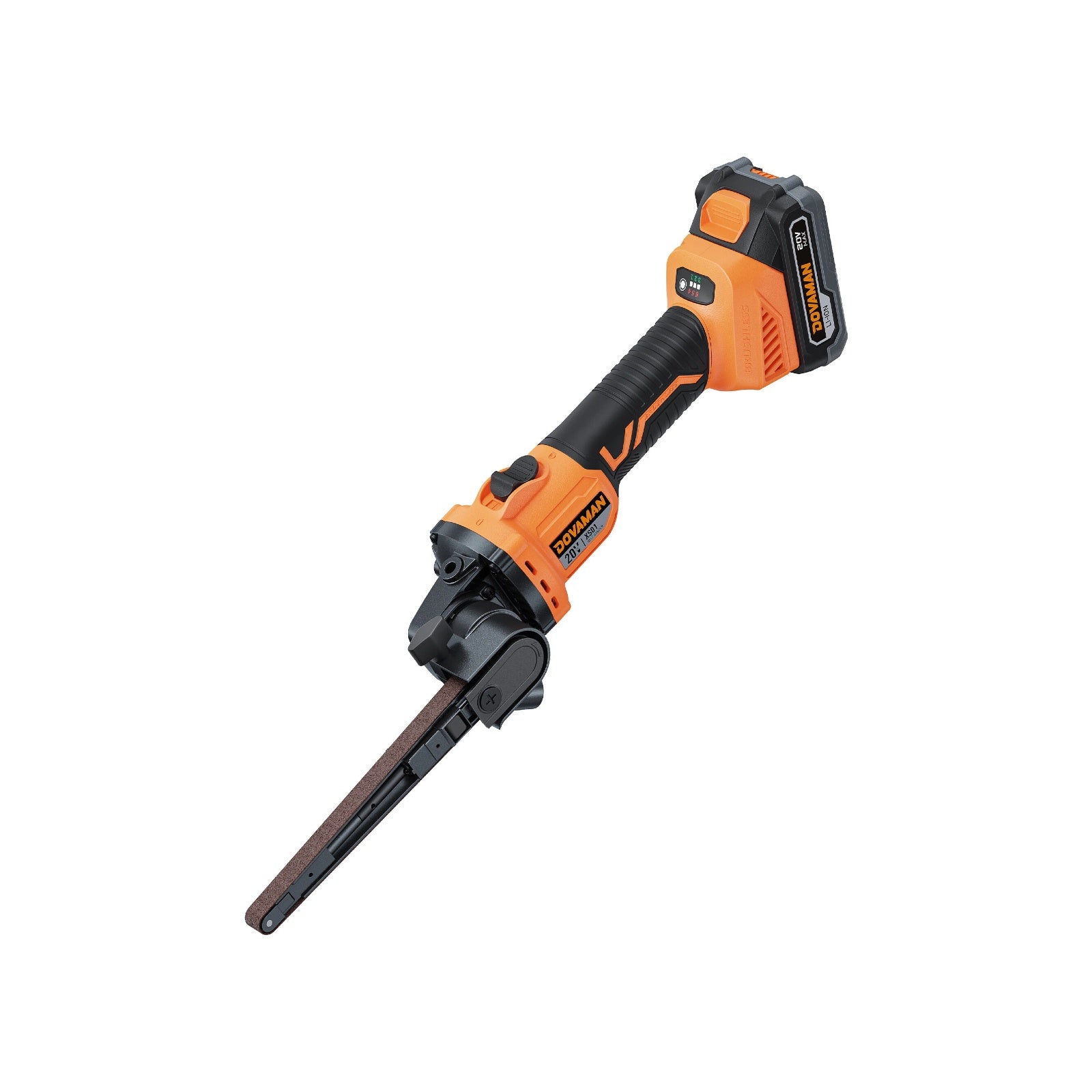 Orange and black handheld tool on a white background