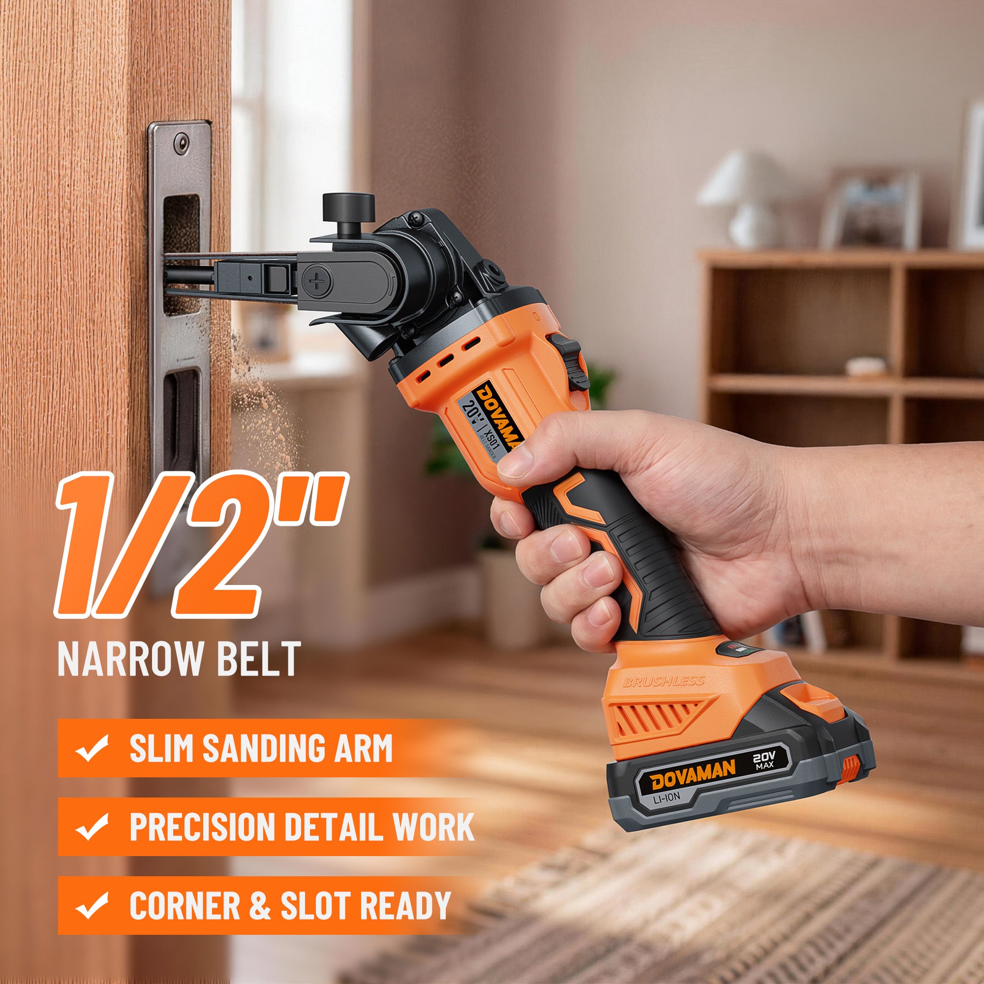 Person using a Dovaman power sander on a wooden door with product details displayed.