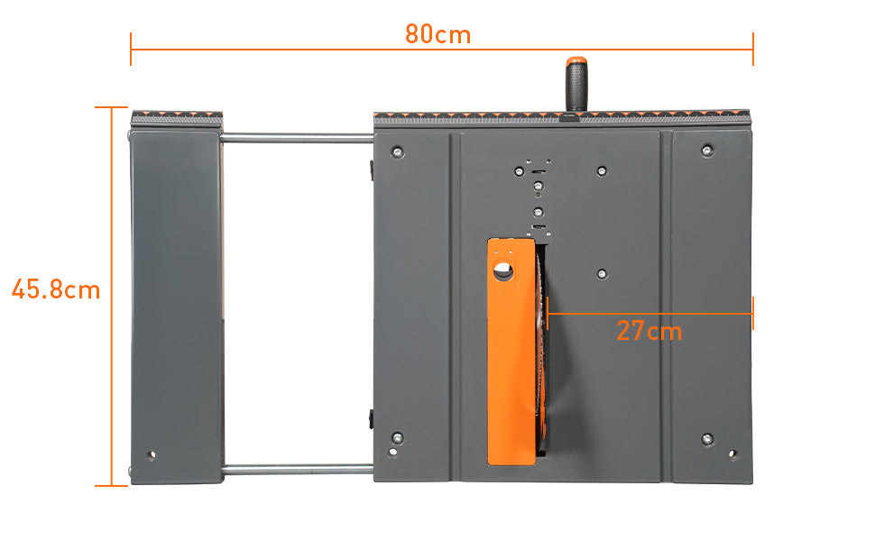 Gray metal gate with orange handle and measurements on a white background
