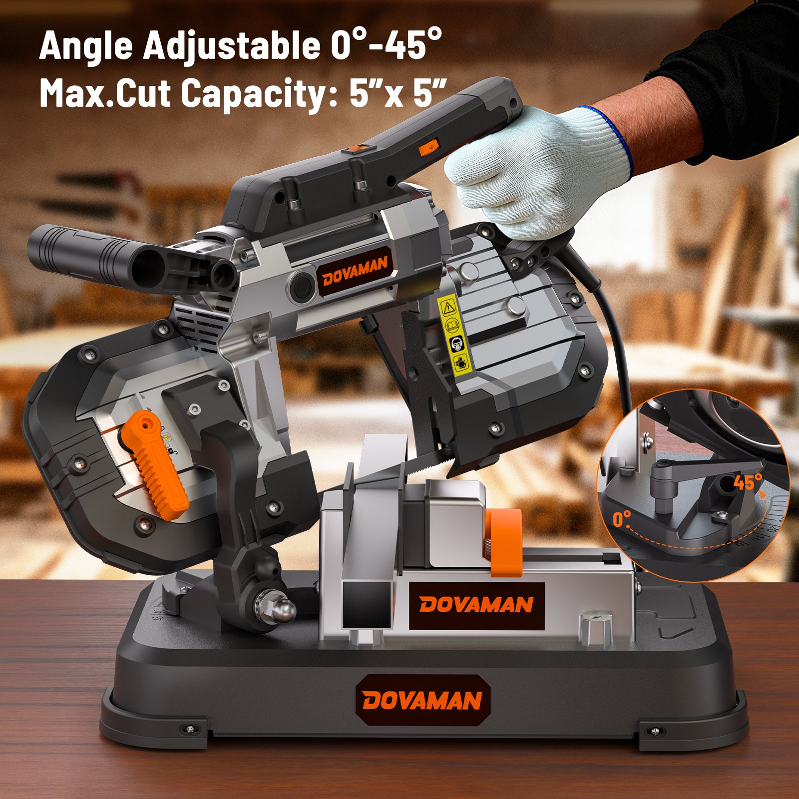 DOVAMAN portable band saw with adjustable angle feature on a wooden surface. 