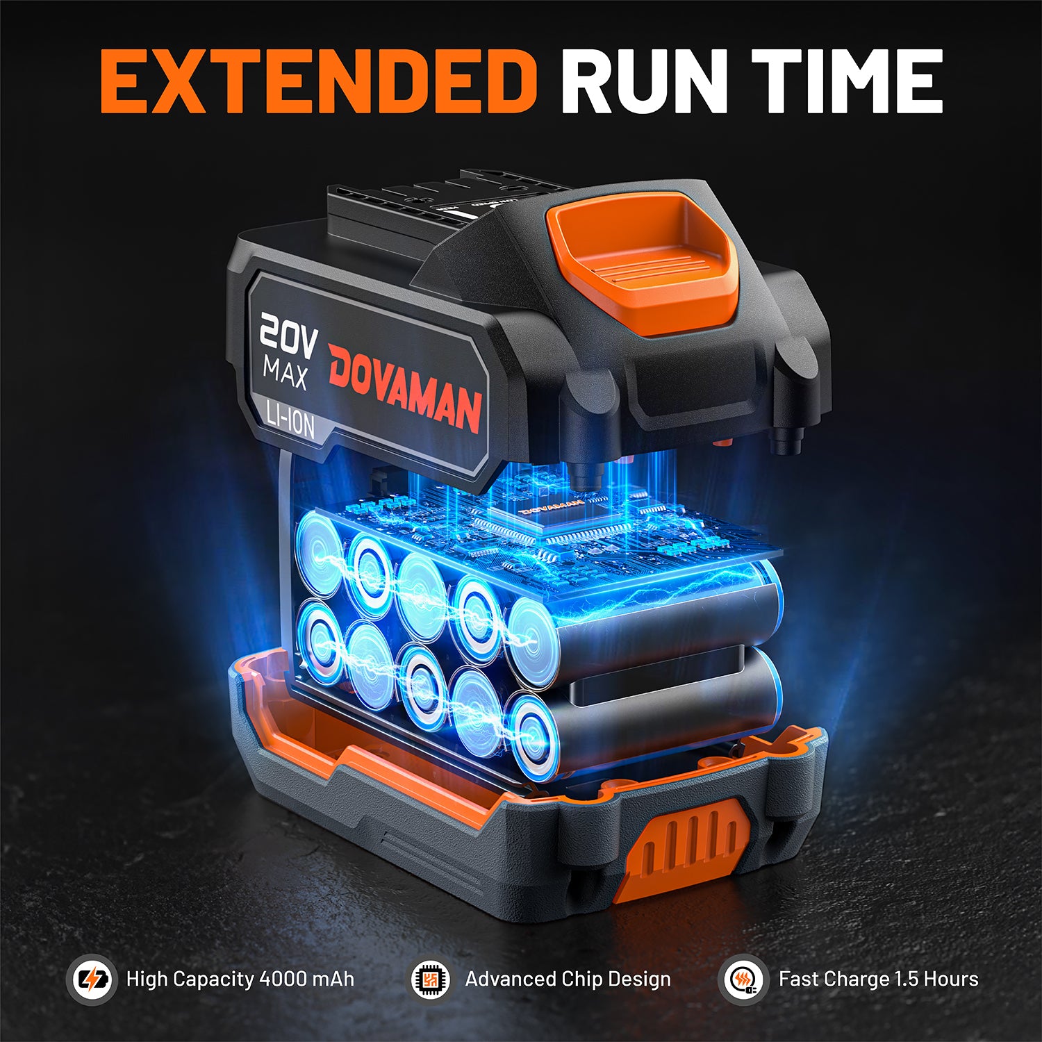 DOVAMAN battery pack with glowing blue interior on a dark background