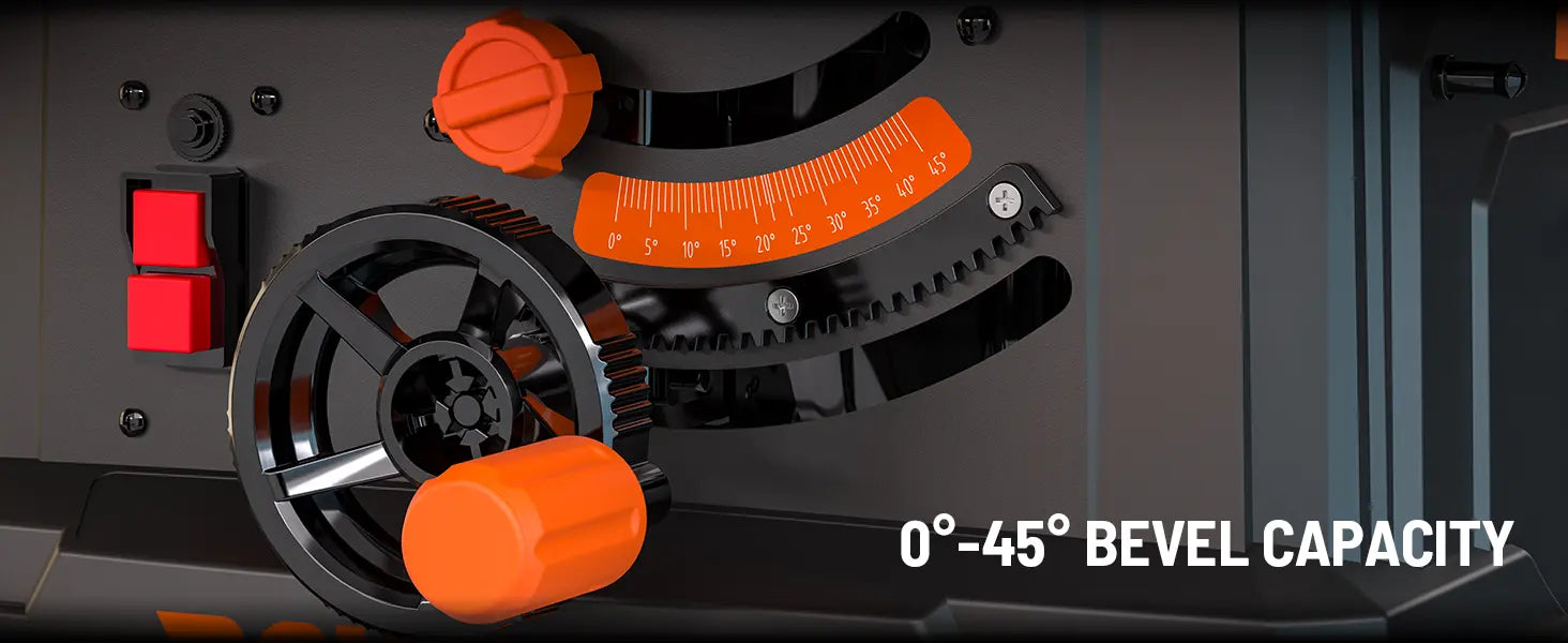 Close-up of a power table saw with orange knobs and a gear, highlighting bevel capacity.