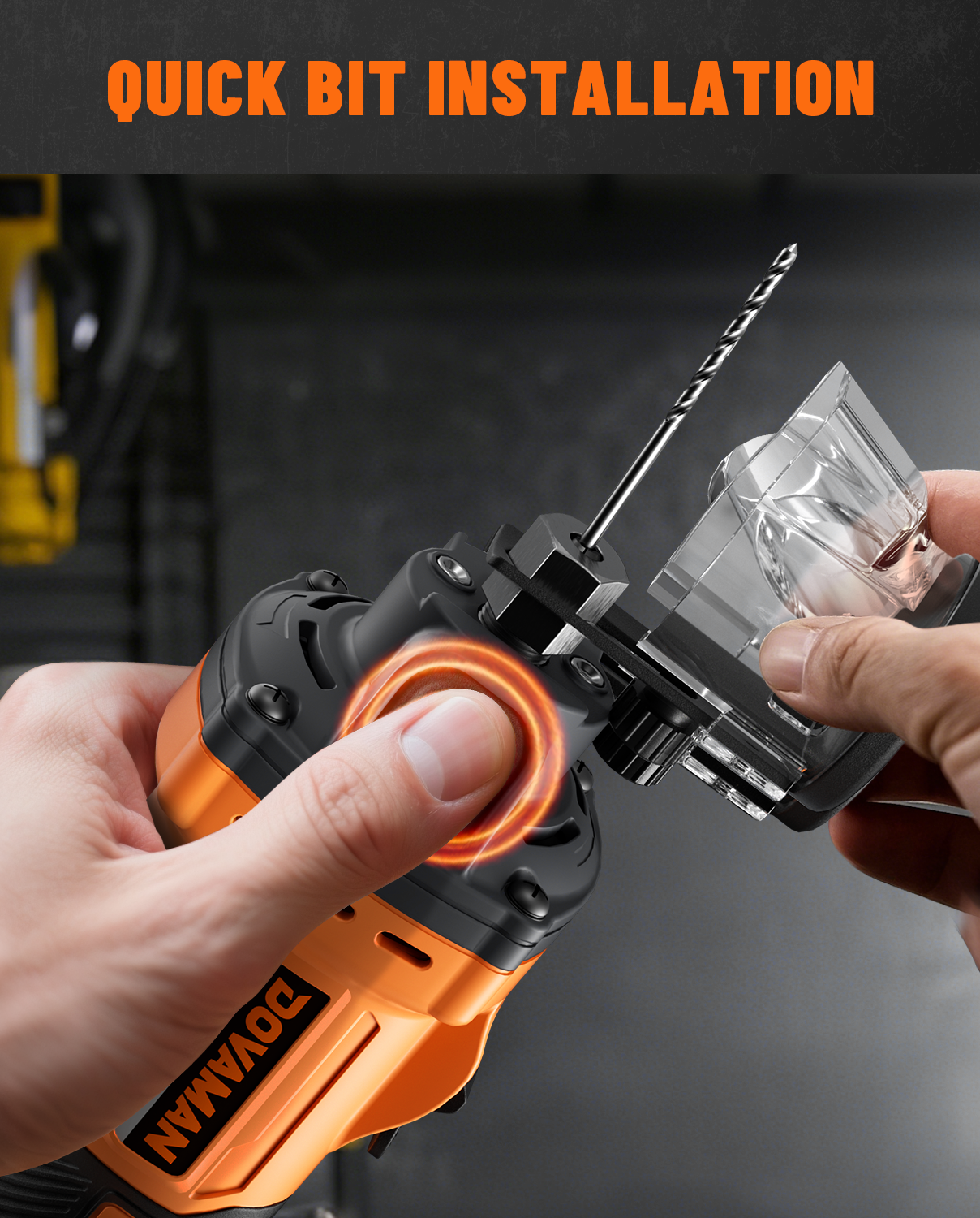 Person using a DOVAMAN brushless drywall cut-out tool with quick bit installation feature on a dark background