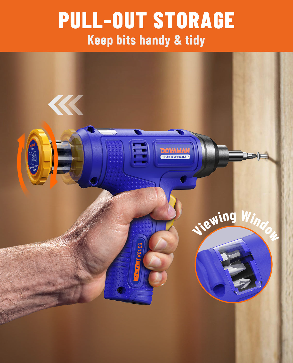 Blue power screwdriver with pull-out storage feature held by a hand, on an orange background.