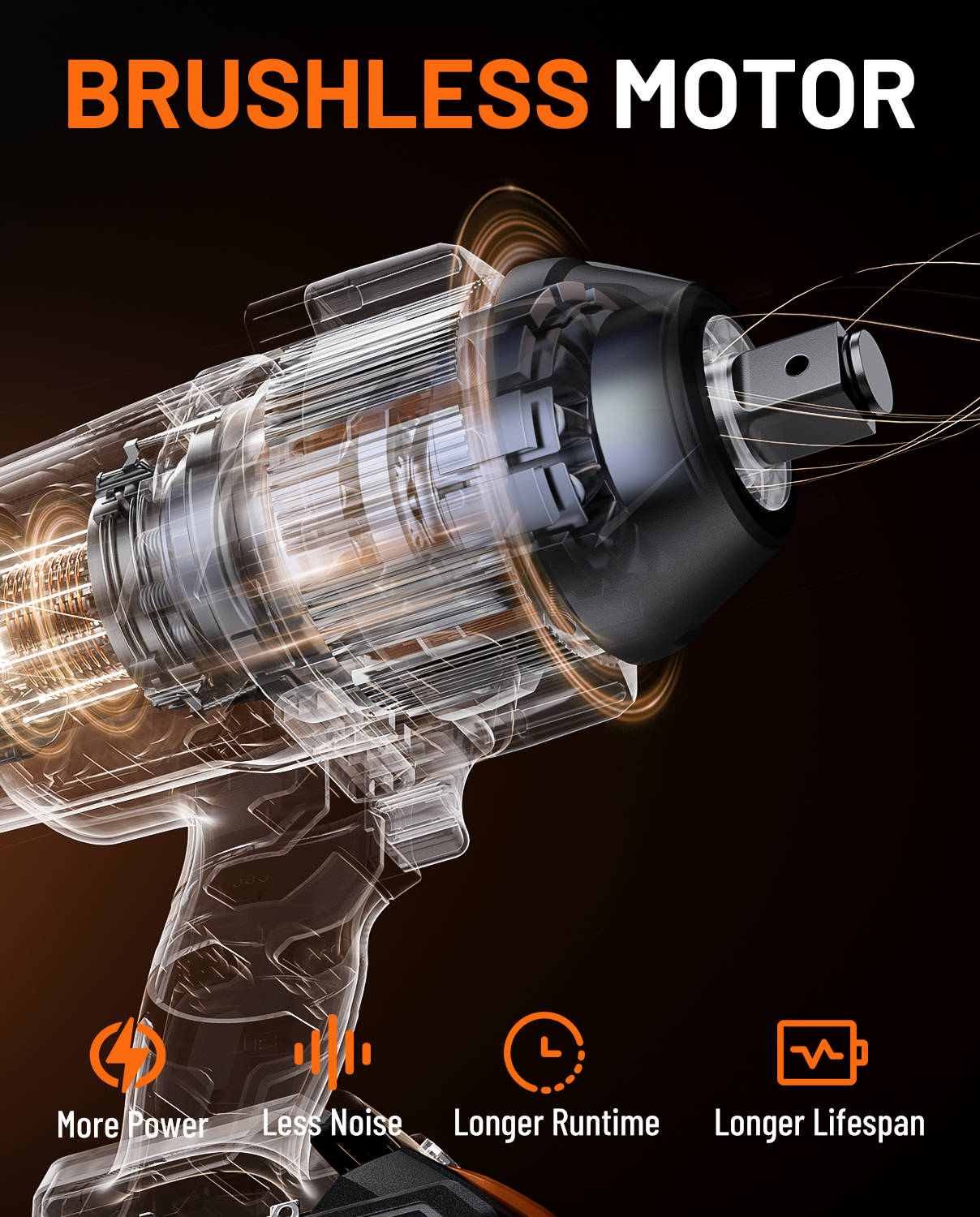 Brushless motor with features highlighted on a dark background