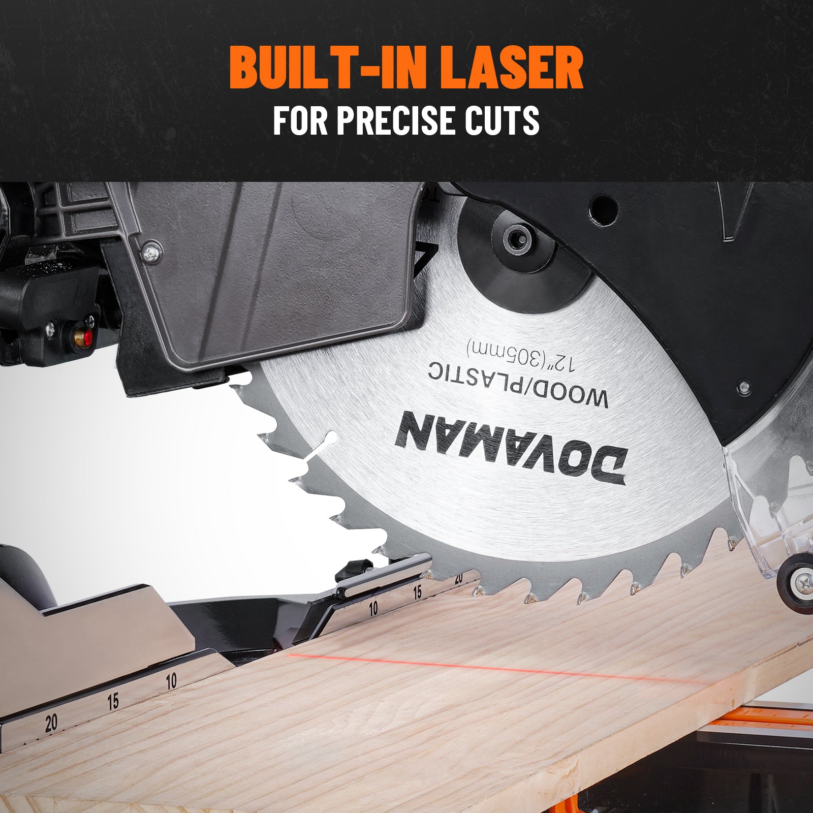 Built-in laser guide projecting a red line on wood for high-precision cutting accuracy