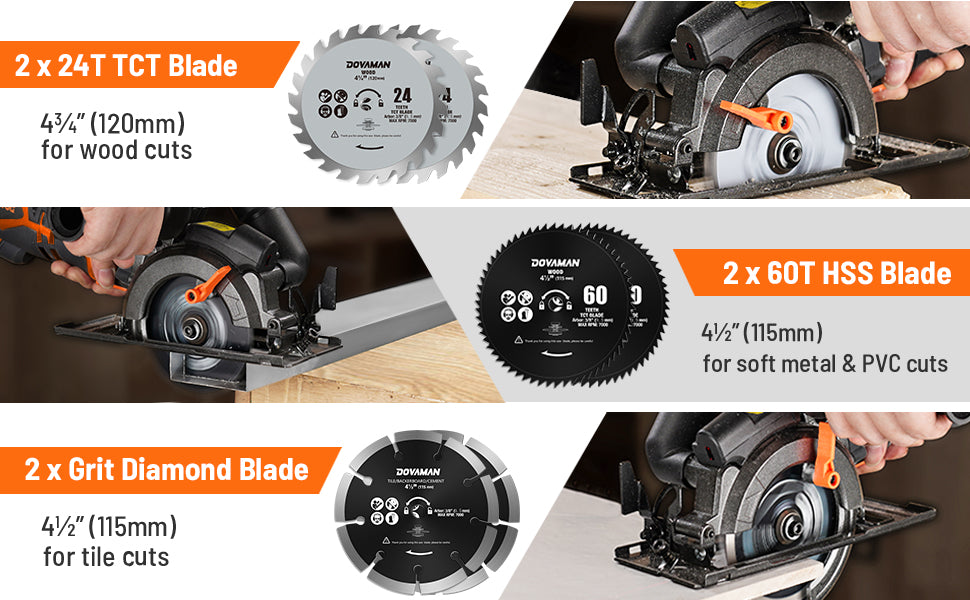 Circular saw with different blades for various cutting tasks on a white background