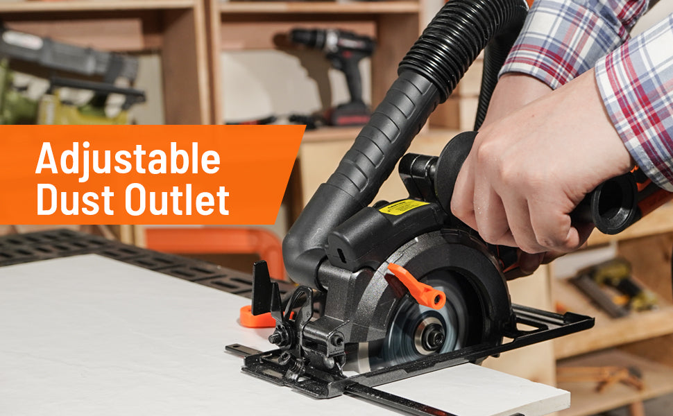 Circular saw with adjustable dust outlet being used on a workbench.