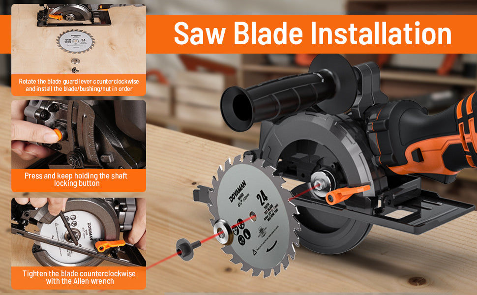 Step-by-step guide on installing a saw blade with close-up details on a circular saw.
