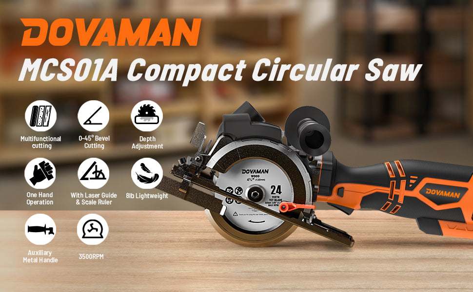 Dovaman MCS01A Compact Circular Saw on a wooden surface with product features listed.