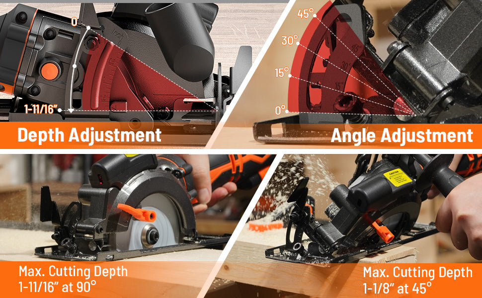 Circular saw with depth and angle adjustment features on a wooden surface.