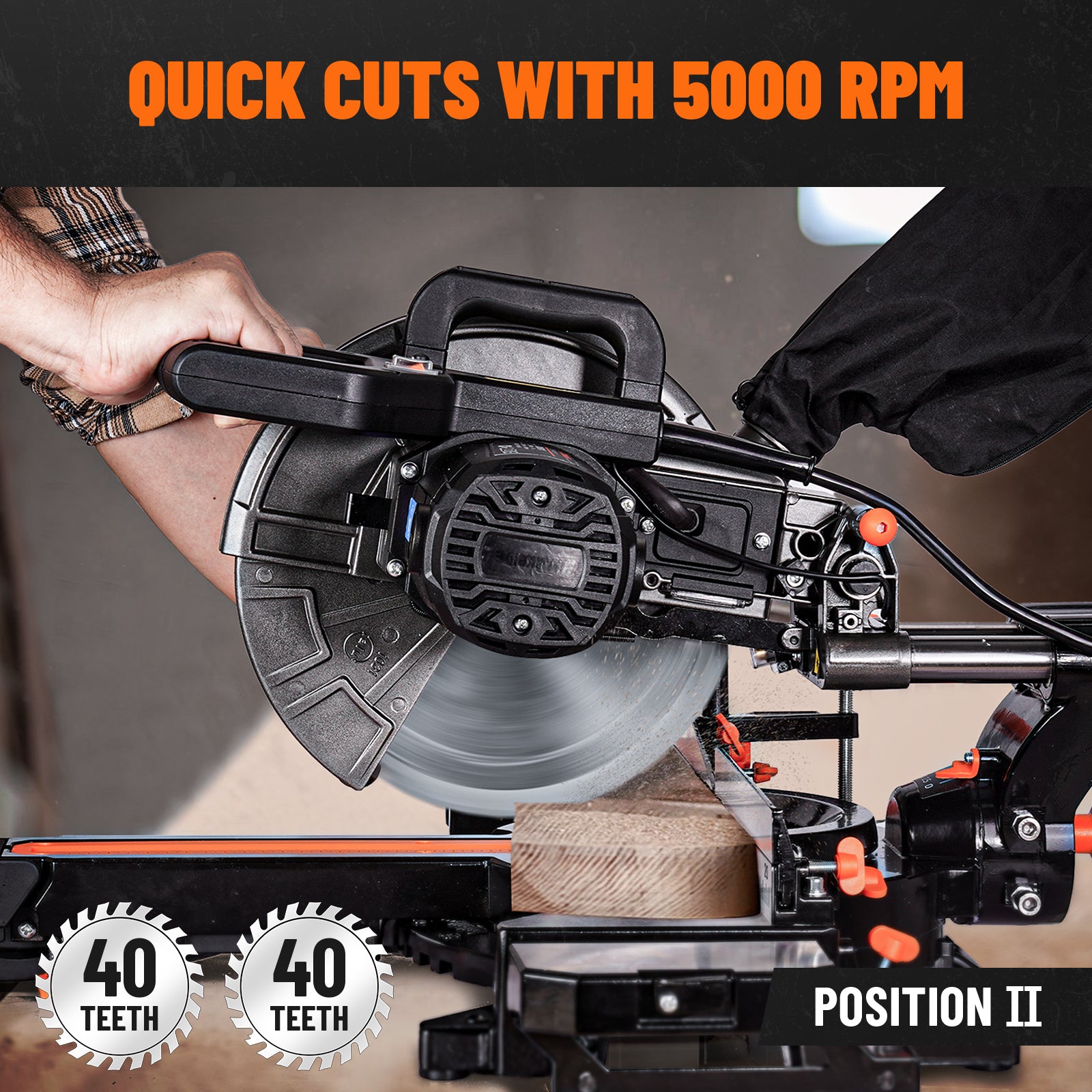 Close-up of a compound sliding miter saw, reaching 5000 RPM for high-speed wood cutting with 40-teeth blades