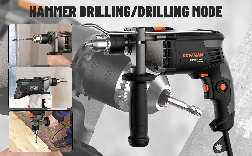 Dovaman hammer drill with text 'Hammer Drilling/Drilling Mode' on a gray background