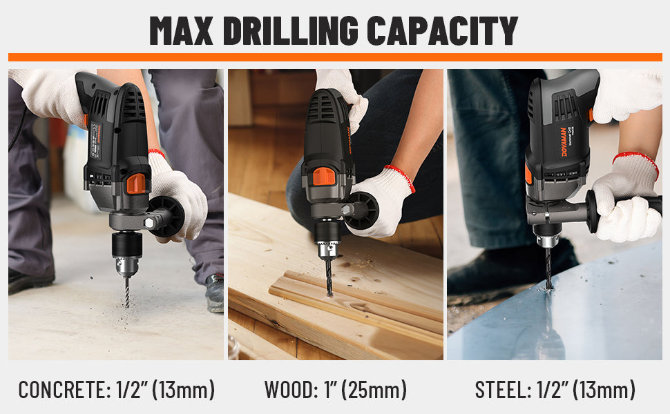 Three scenarios showing a drill being used on concrete, wood, and steel with text indicating maximum drilling capacity.