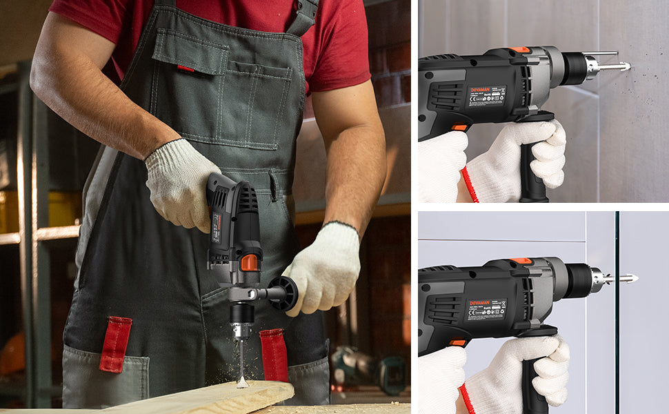 Person using a cordless drill on a wooden surface, with close-up shots of the drill in action.