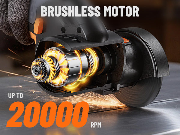 Power tool with brushless motor and high RPM capability on a dark background