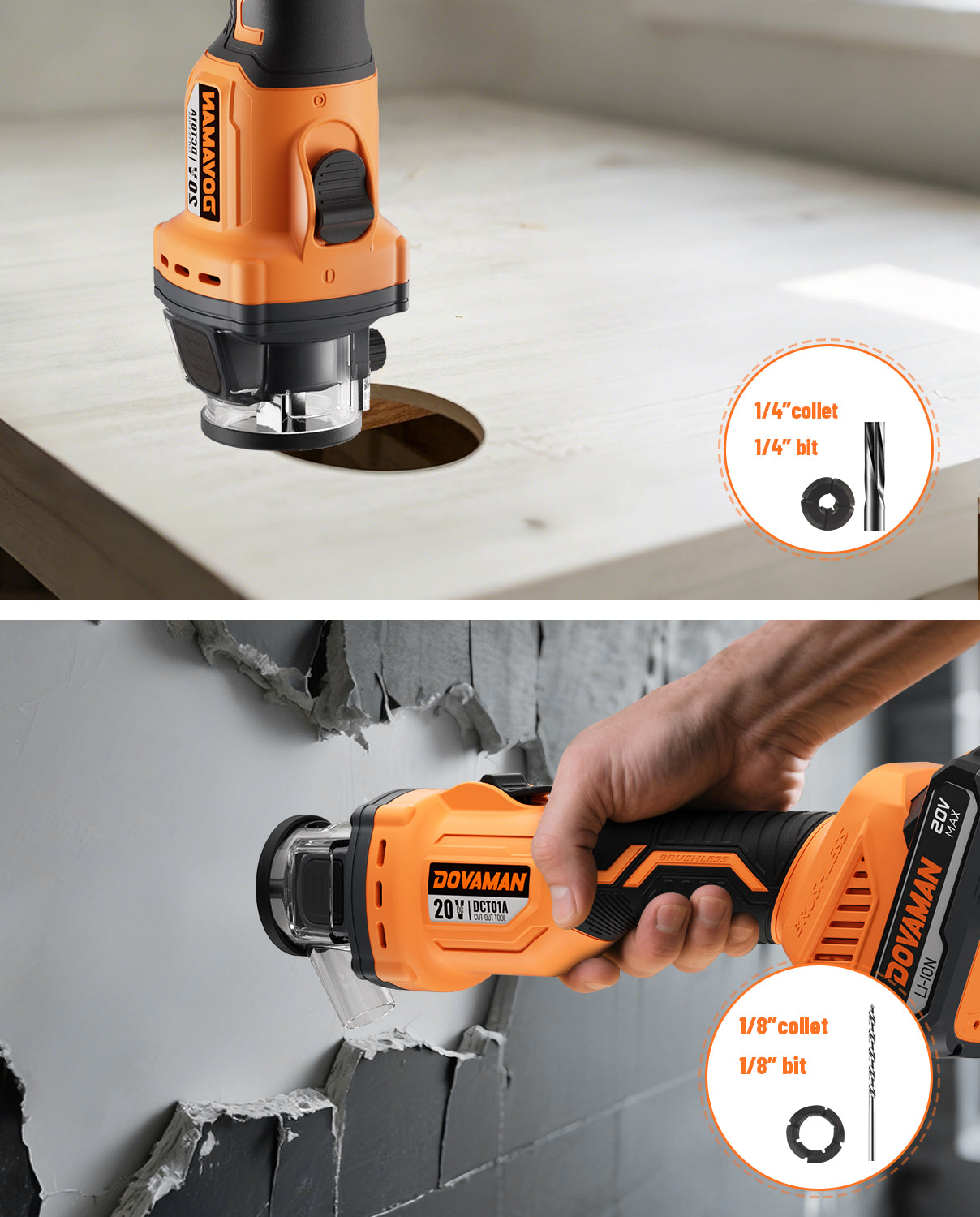DOVAMAN oscillating tool cutting through a concrete surface with close-up details of tool bits.