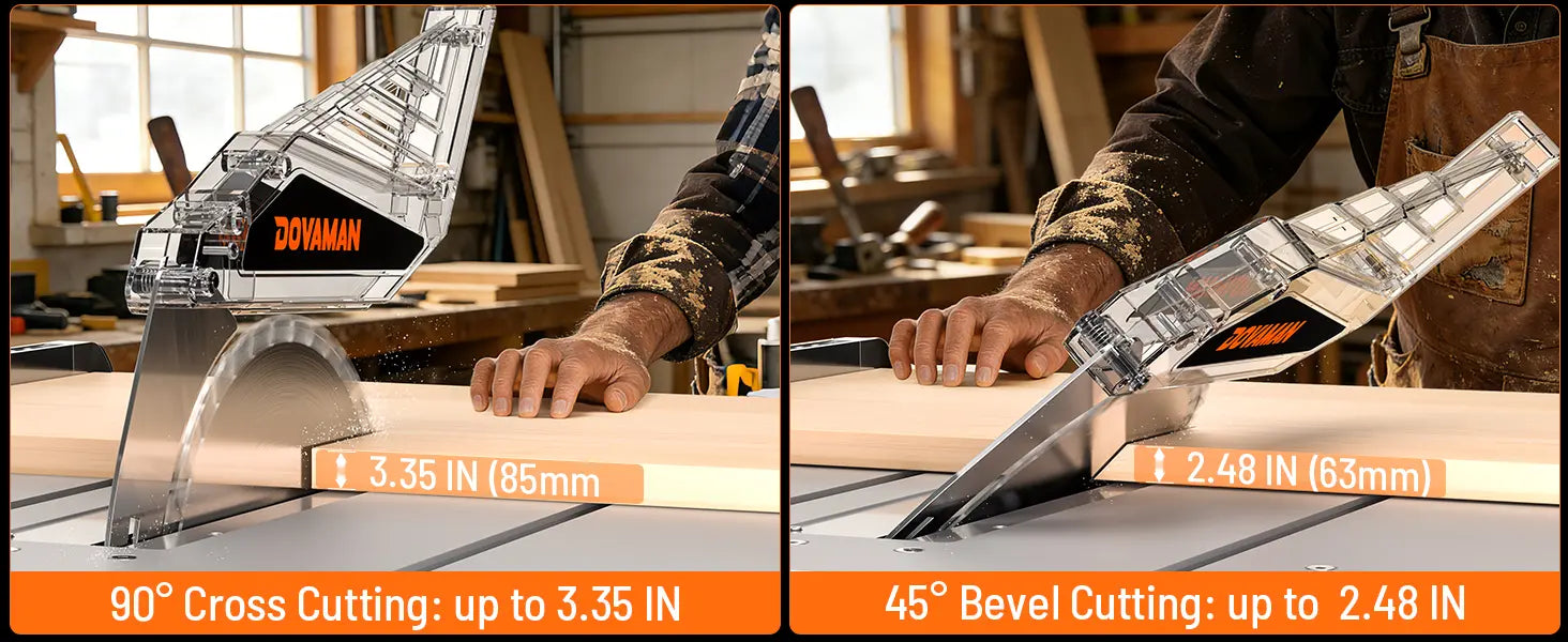 Two views of a table saw blade with measurement details on a workshop background.