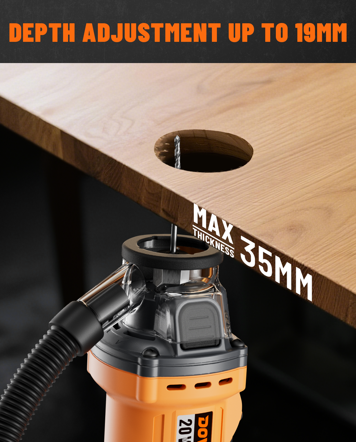 Power brushless drywall cut-out tool with depth adjustment feature on a wooden surface