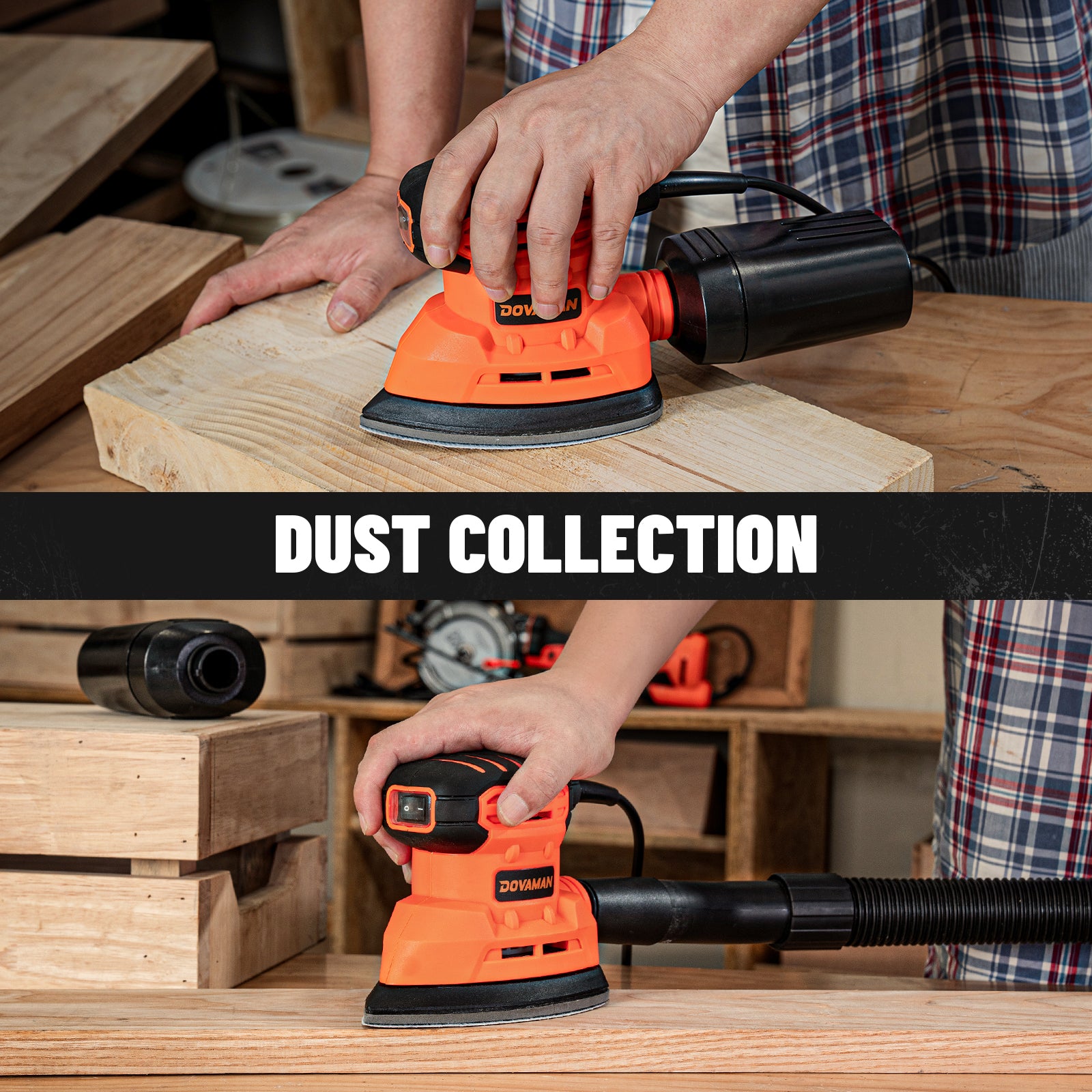 Person using a sander with dust collection attachment on wooden surface, with 'Dust Collection' text overlay.