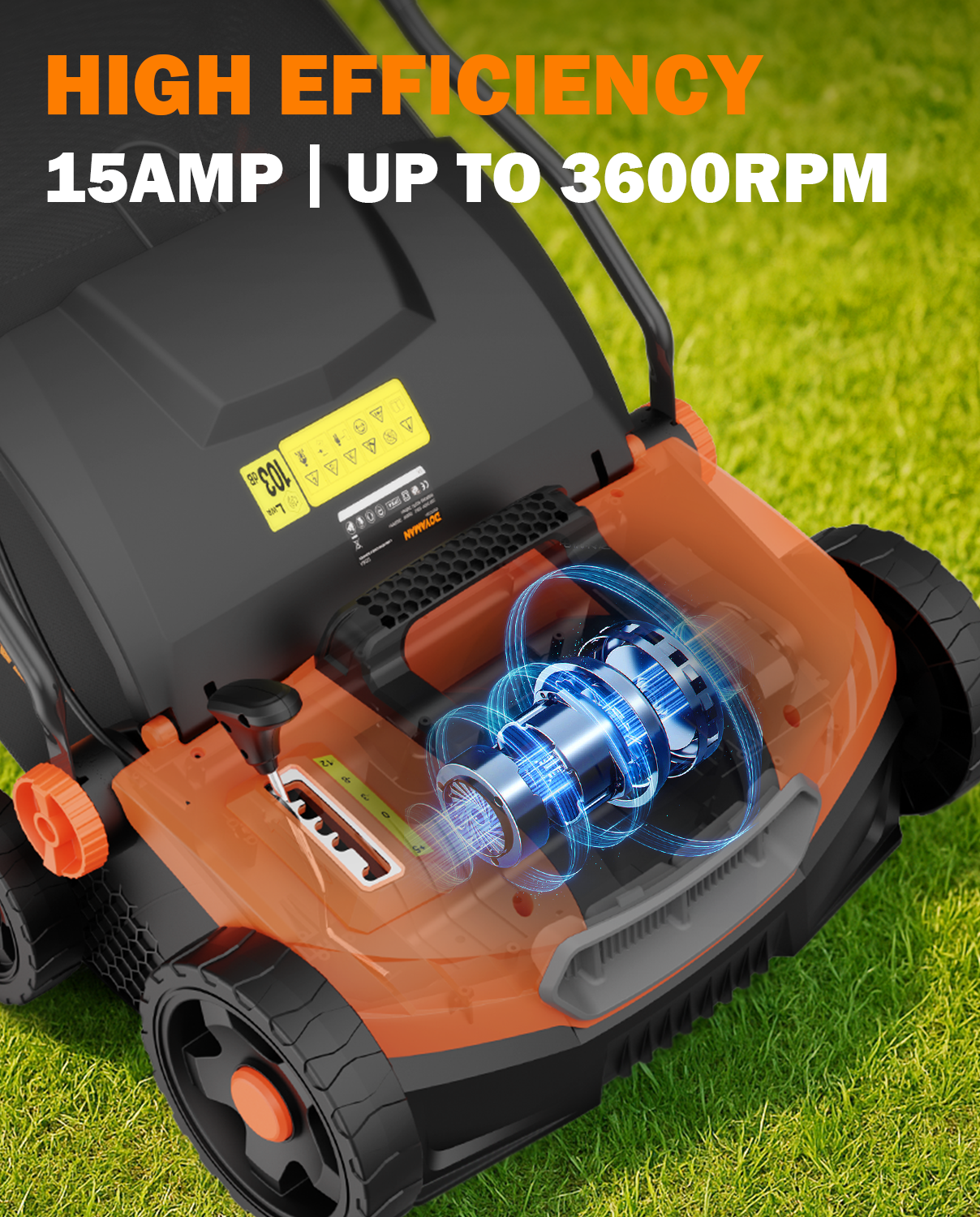 Close-up of a dethatcher scarifier with high efficiency text on a grass background