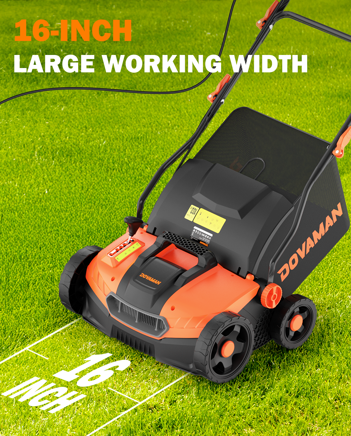 DOVAMAN dethatcher scarifier on grass with '16-inch large working width' text