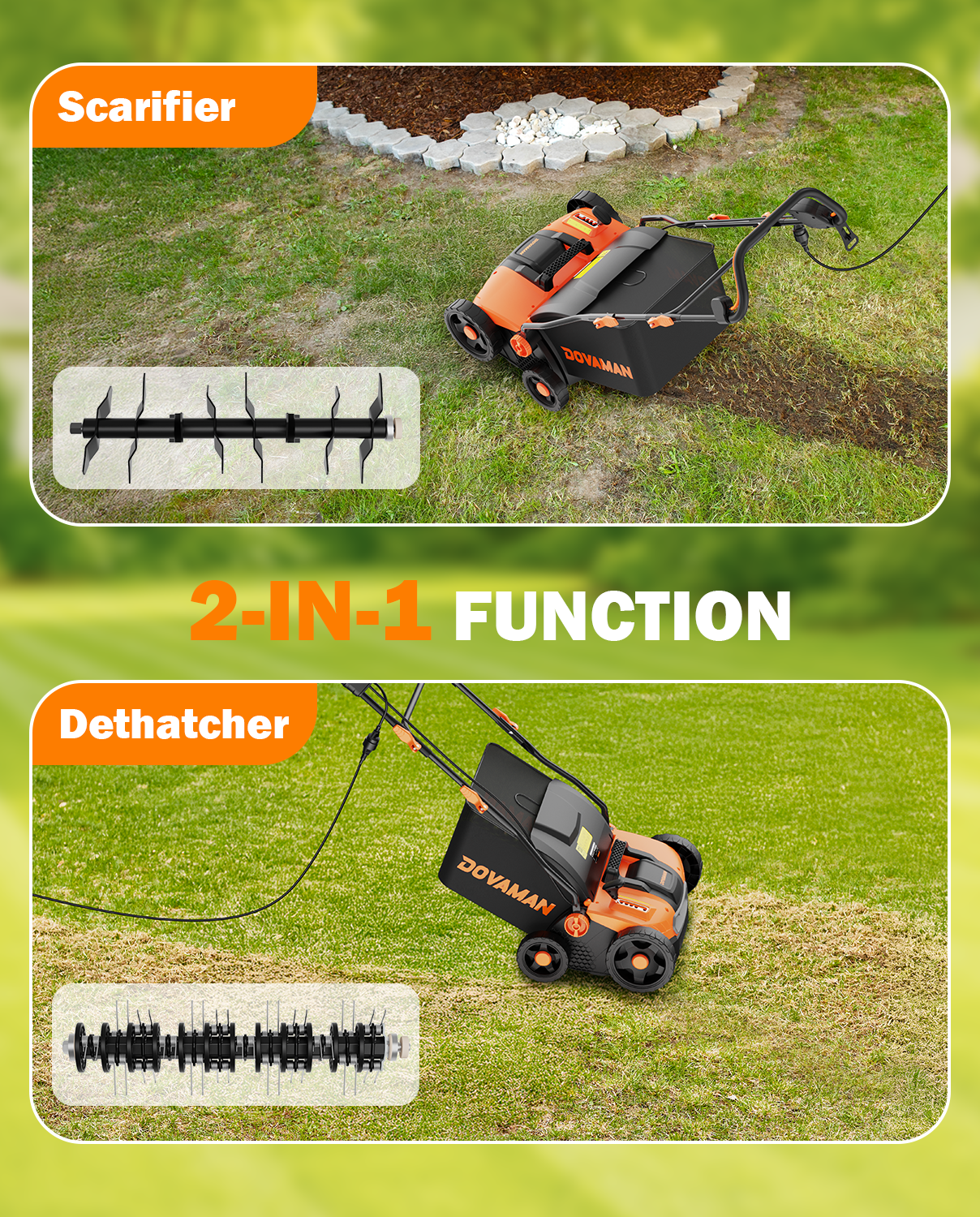Gardening tool with scarifier and dethatcher functions on a grassy background