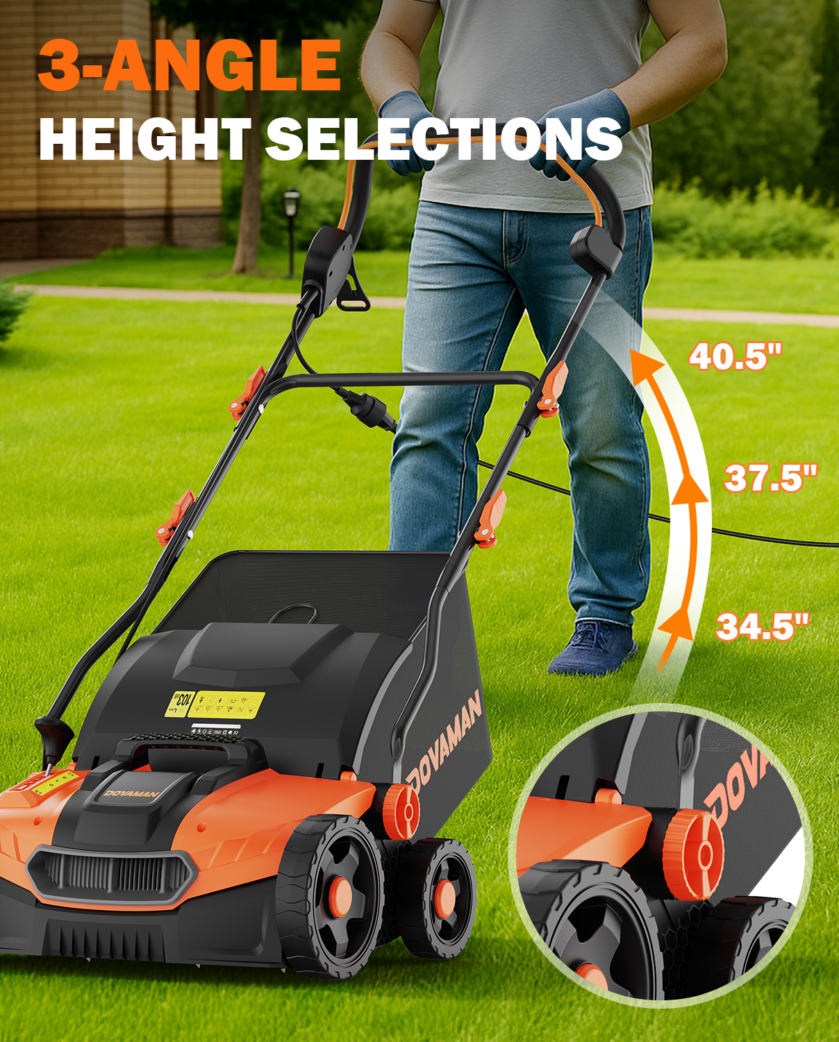 Person using a dethatcher-scarifier with height selection feature on grass, showing different cutting heights.