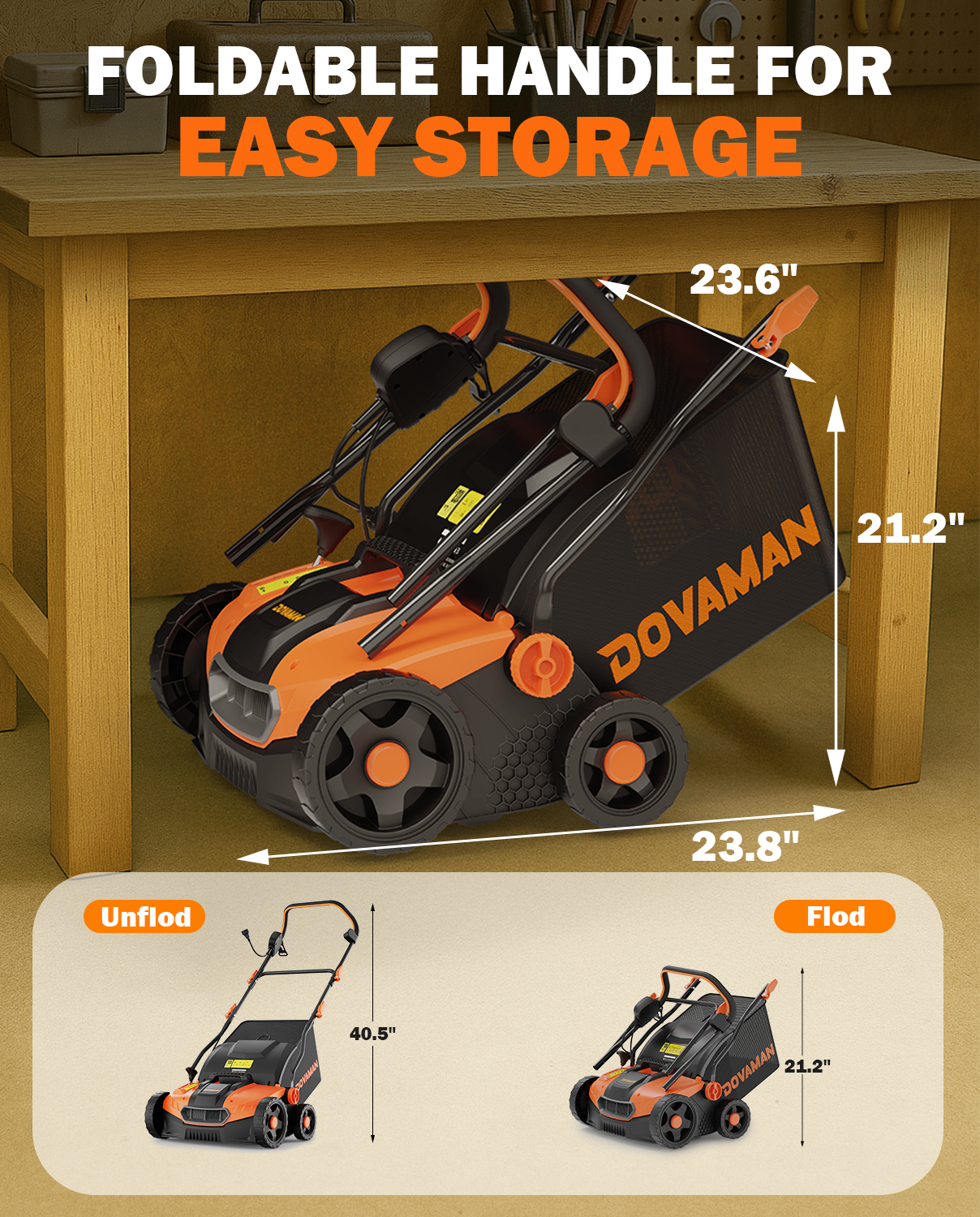 DOVAMAN dethatcher scarifier with foldable handle shown under a table, labeled for easy storage.
