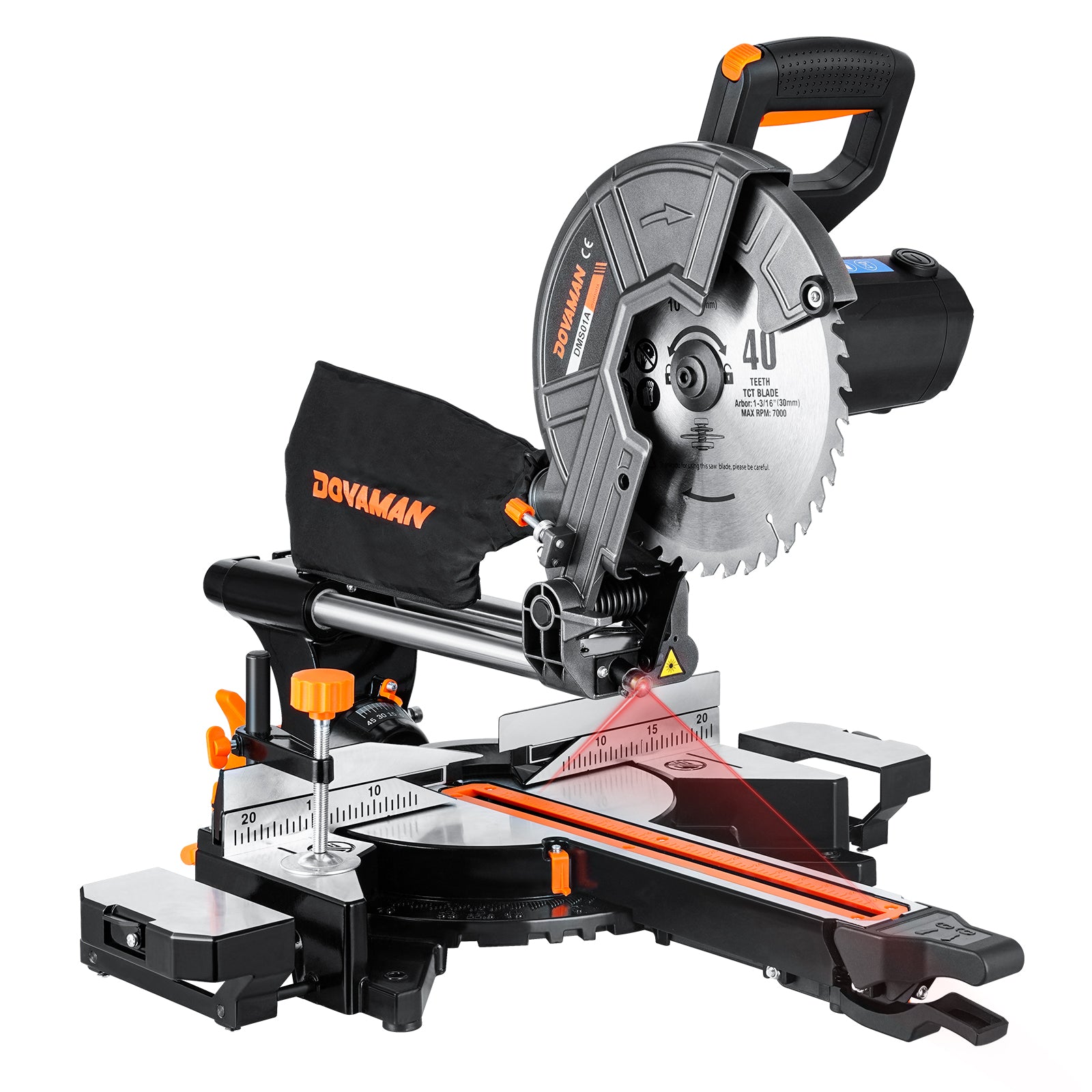 DOVAMAN orange sliding miter saw with laser on a white background