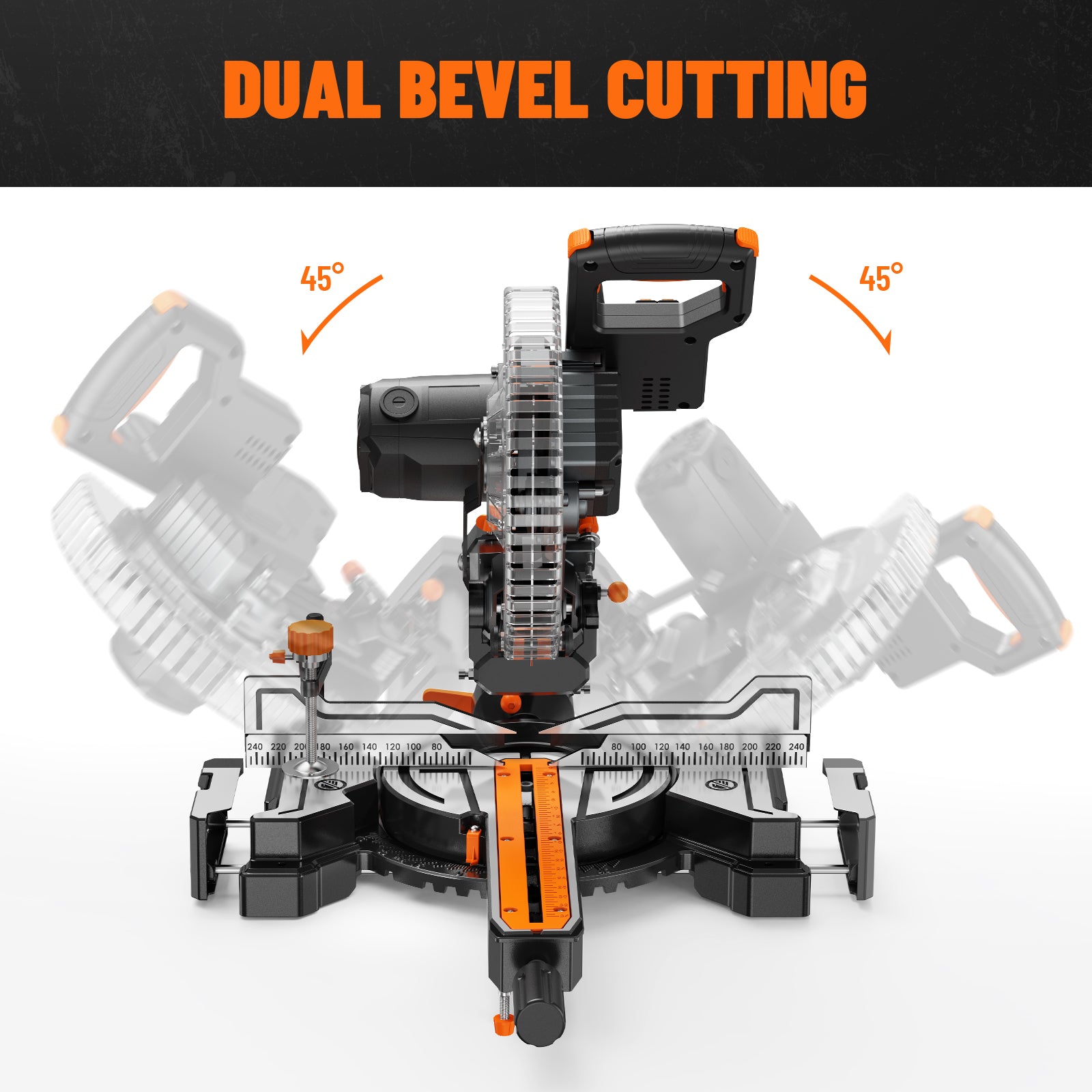Sliding miter saw with dual bevel cutting feature on a white background