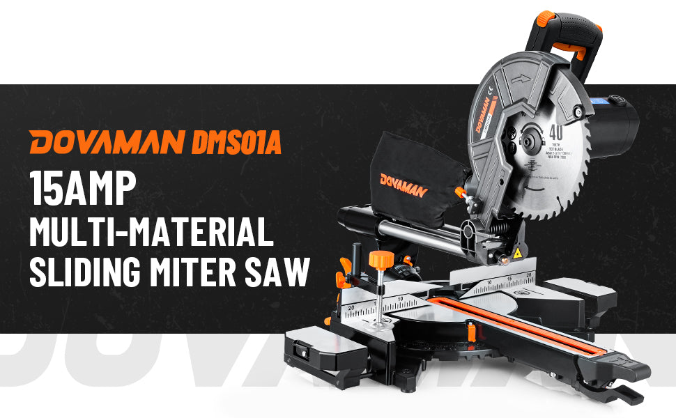 Dovaman sliding miter saw with branding and product details on a black background
