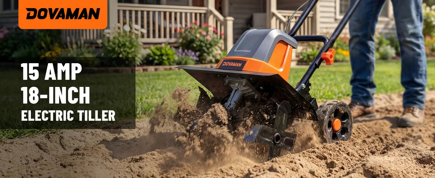Dovaman 15 Amp 18-Inch Electric Tiller in use on a garden bed with visible branding.