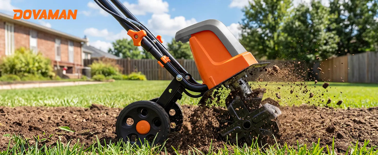 Gardening tool in action on a lawn with 'Dovaman' branding.