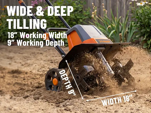 Gardening tool with text indicating wide and deep tilling capabilities, working width, and depth.