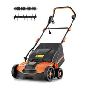 Black and orange electric dethatcher scarifier with attachments on a white background