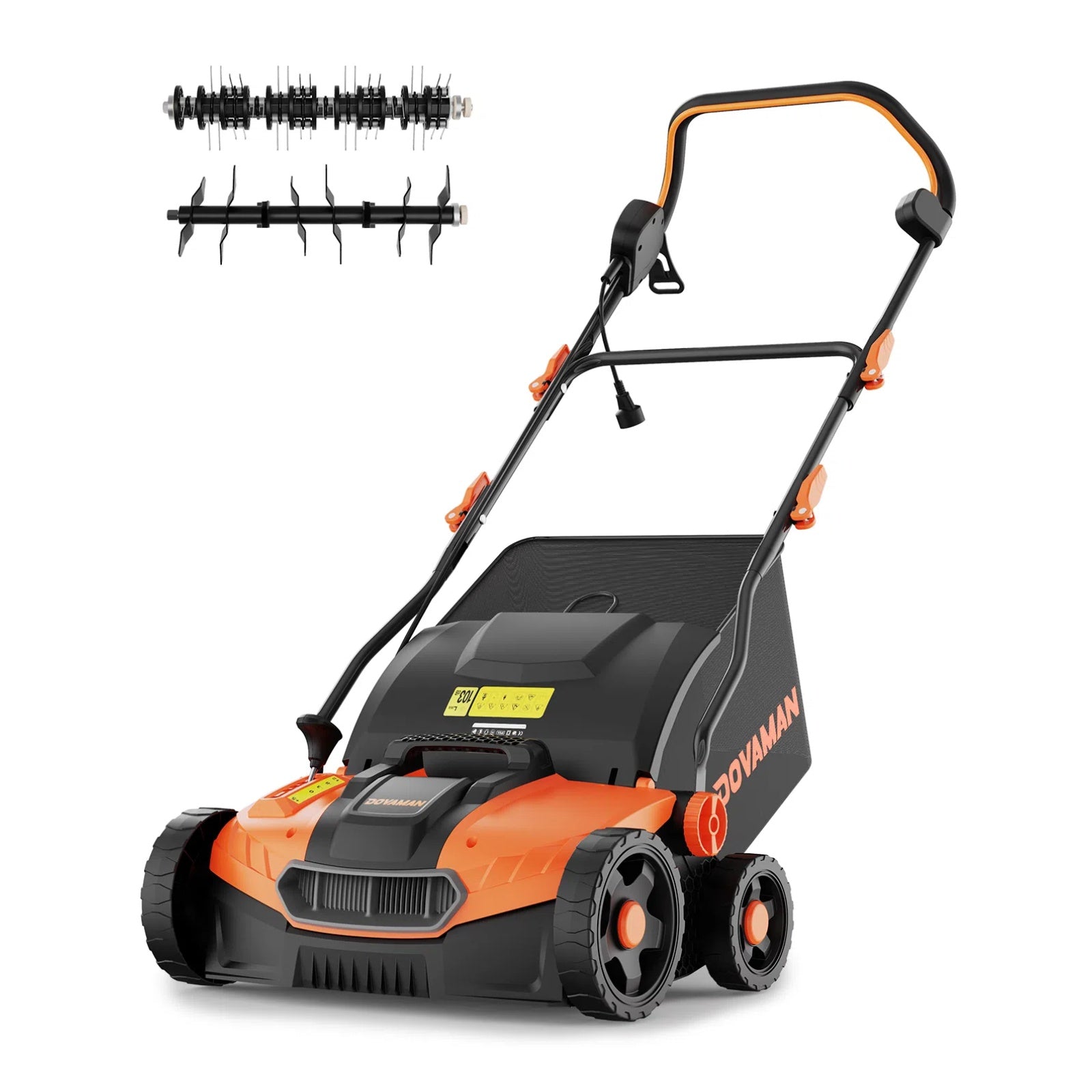 Black and orange electric dethatcher scarifier with attachments on a white background