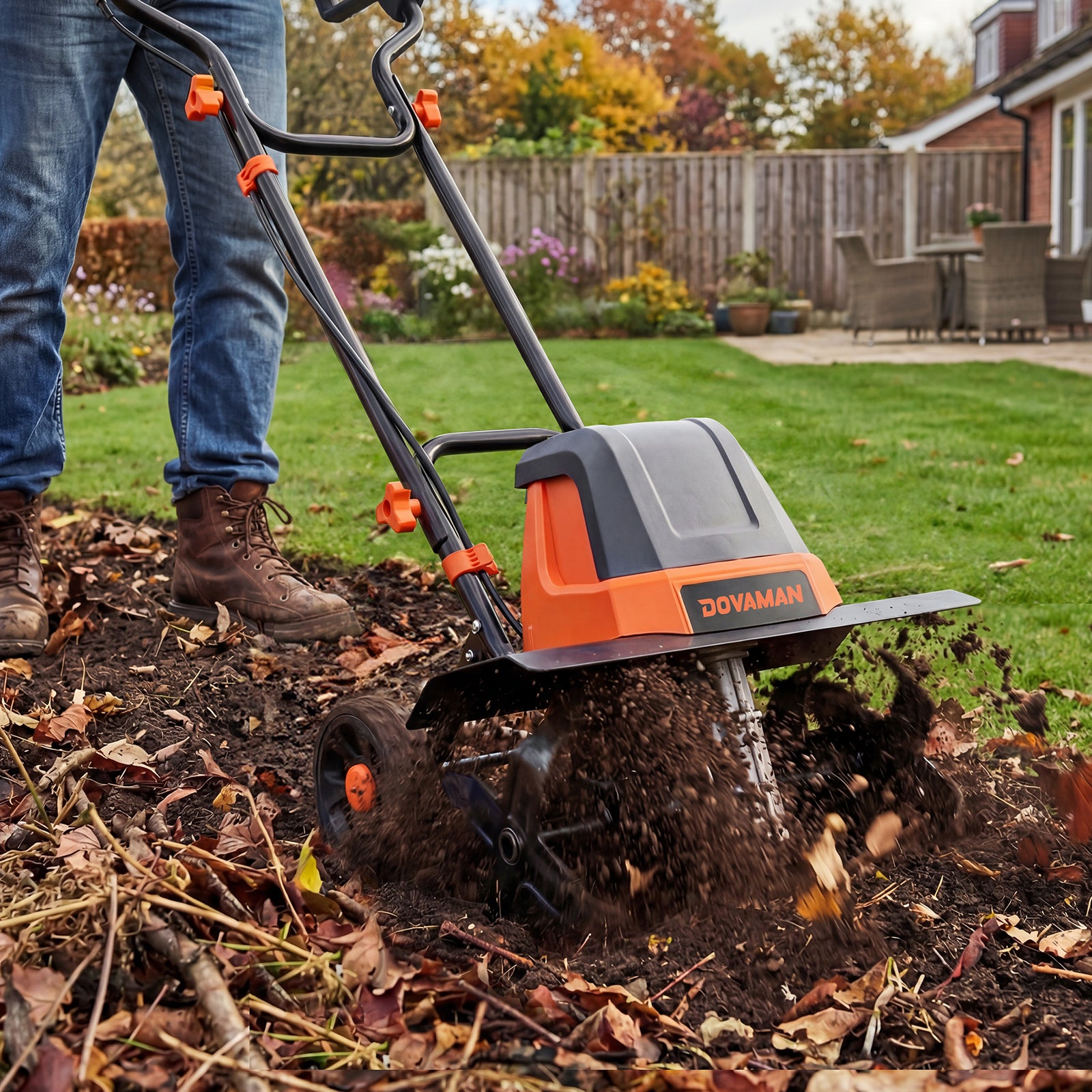 A man using DOVAMAN garden tiller for loosing soil in the garden