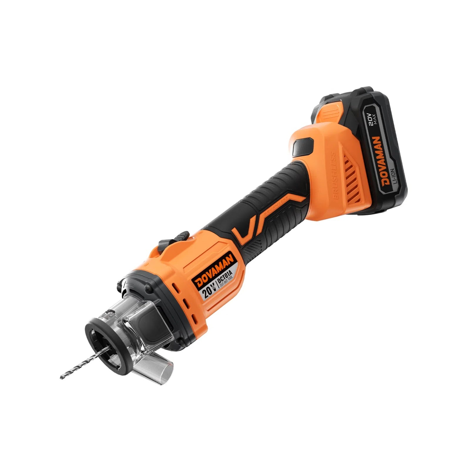 Orange and black power brushless drywall cut-out tool with 'DOVAMAN' branding on a white background